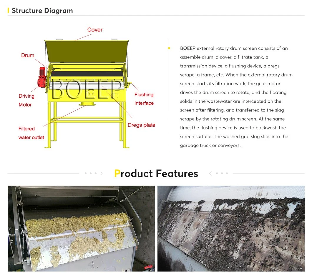 Preliminary Wastewater Treatment Mechanical Rotary Screen Separator Drum Filter Machine