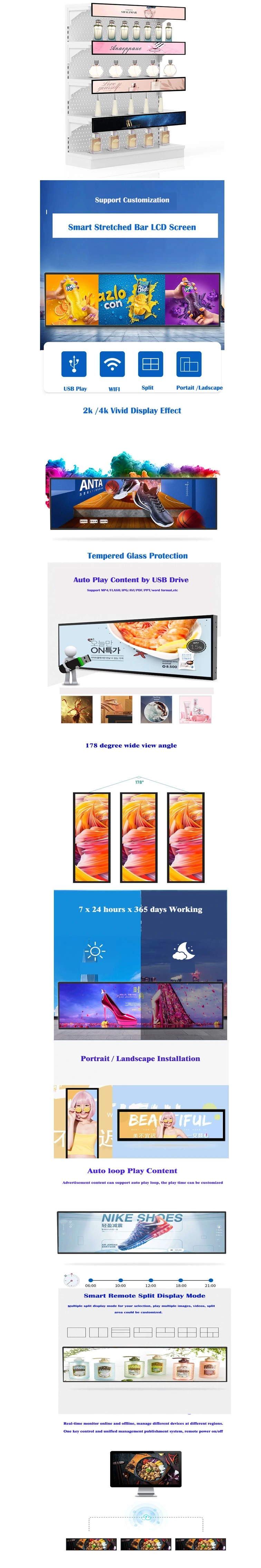 28.6-Inch Interactive Indoor Stretched Bar LCD Display Shelf Advertising Player Touch Screen with Metal Enclosure Design LED Bar Display for Store Shopping Mall